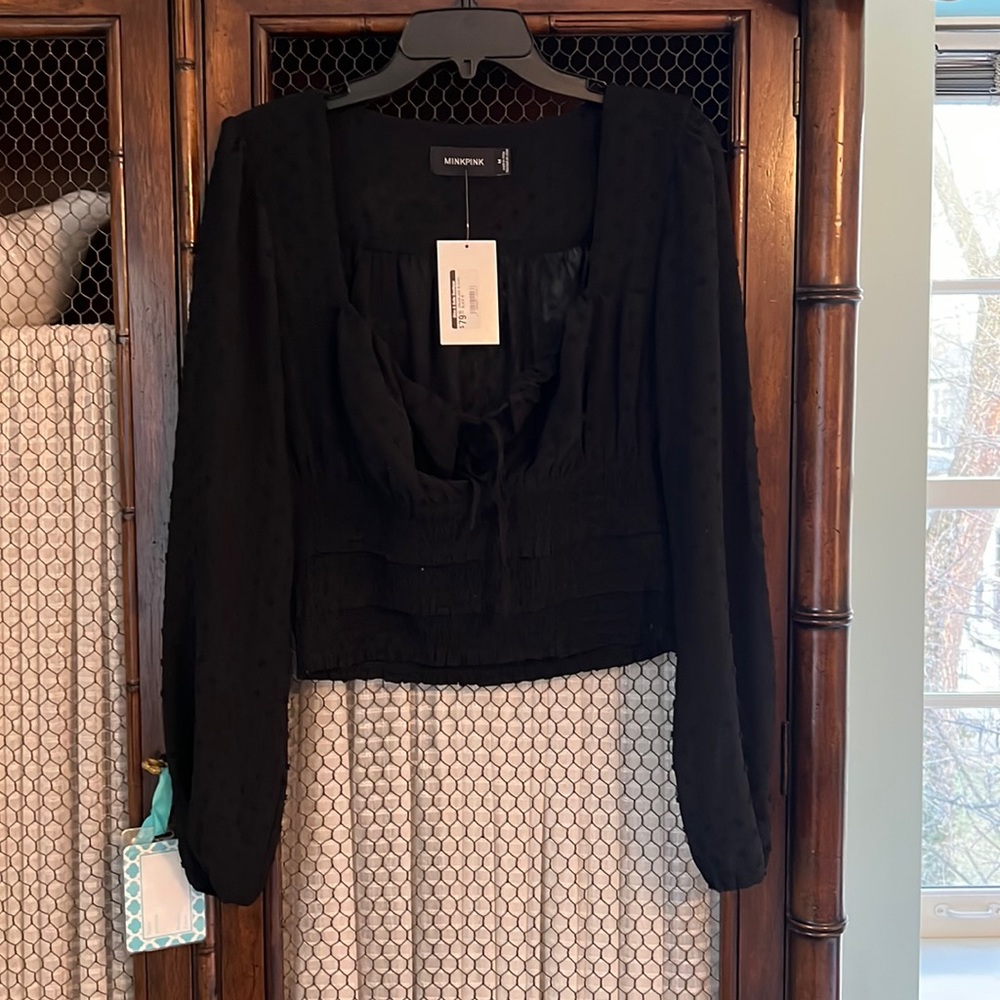 MinkPink black polka dot long sleeve top size medium